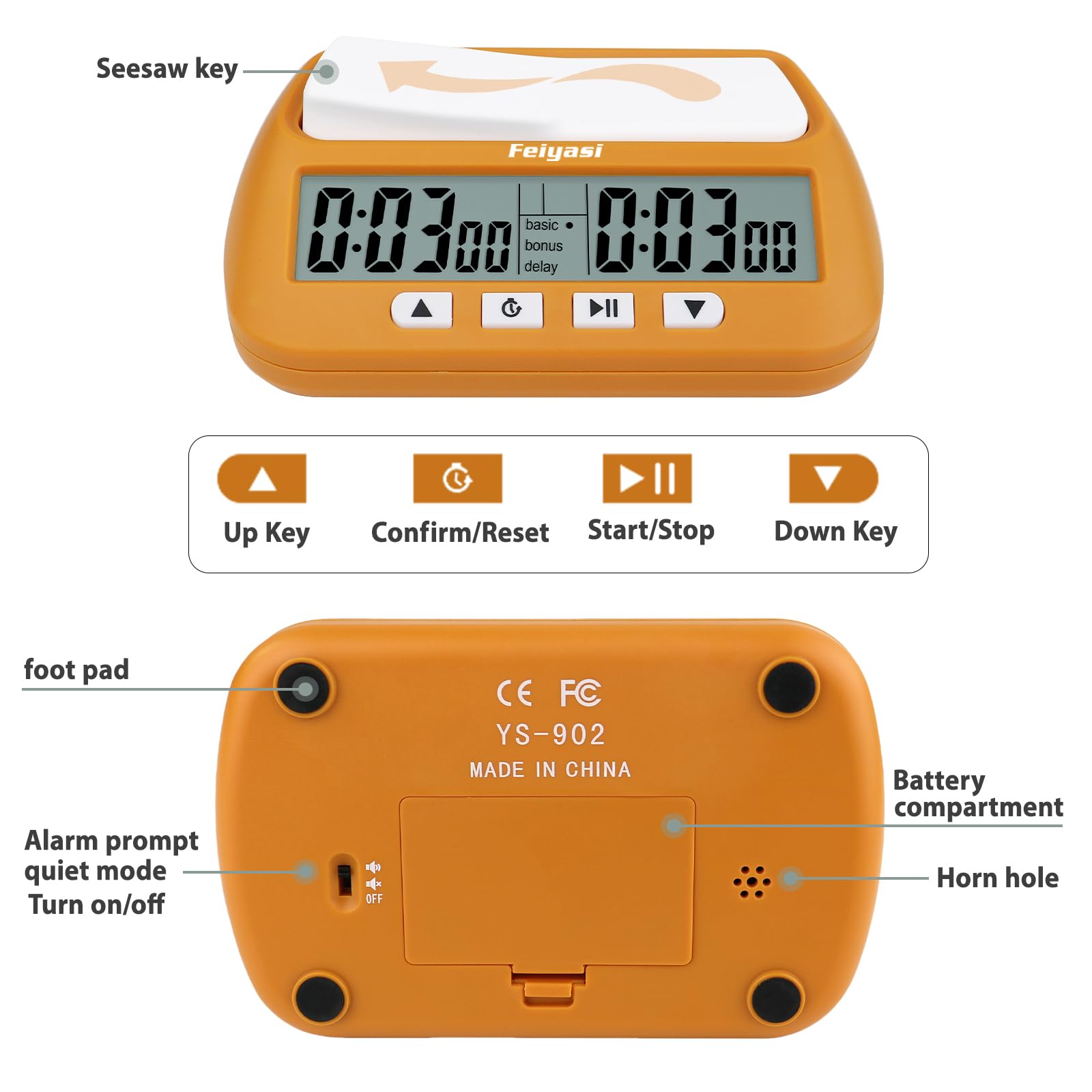 Feiyasi Digital Chess Clock Timer, Portable Digital Alarm Clock Board Game Timer, Having Basic, Reward, Delayed, and Timed Features, Suitable for Various Board Games, Including 2 AA Batteries (orange)