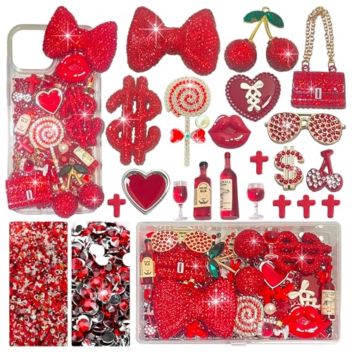 Gehaiwo Red Junk Case Charms Kit Junks Phone Cases With Rhinestone Accessories And Full Diamond Bow Bag Lollipop Cherry Dollar Sign Resin Kits With DIY Phones Decorations
