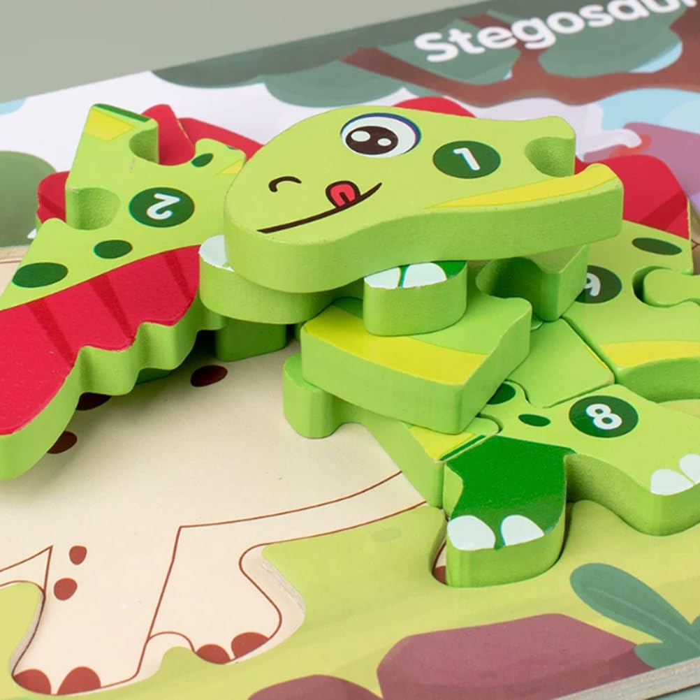 Montessori Holz Dinosaurier Puzzle 3D Formen Puzzles (8 Stück) | Frühlern-Handgreif-Board-Spielzeuge, Dino-Themen-Bildungsblöcke, Geschenke zur Förderung der Feinmotorik
