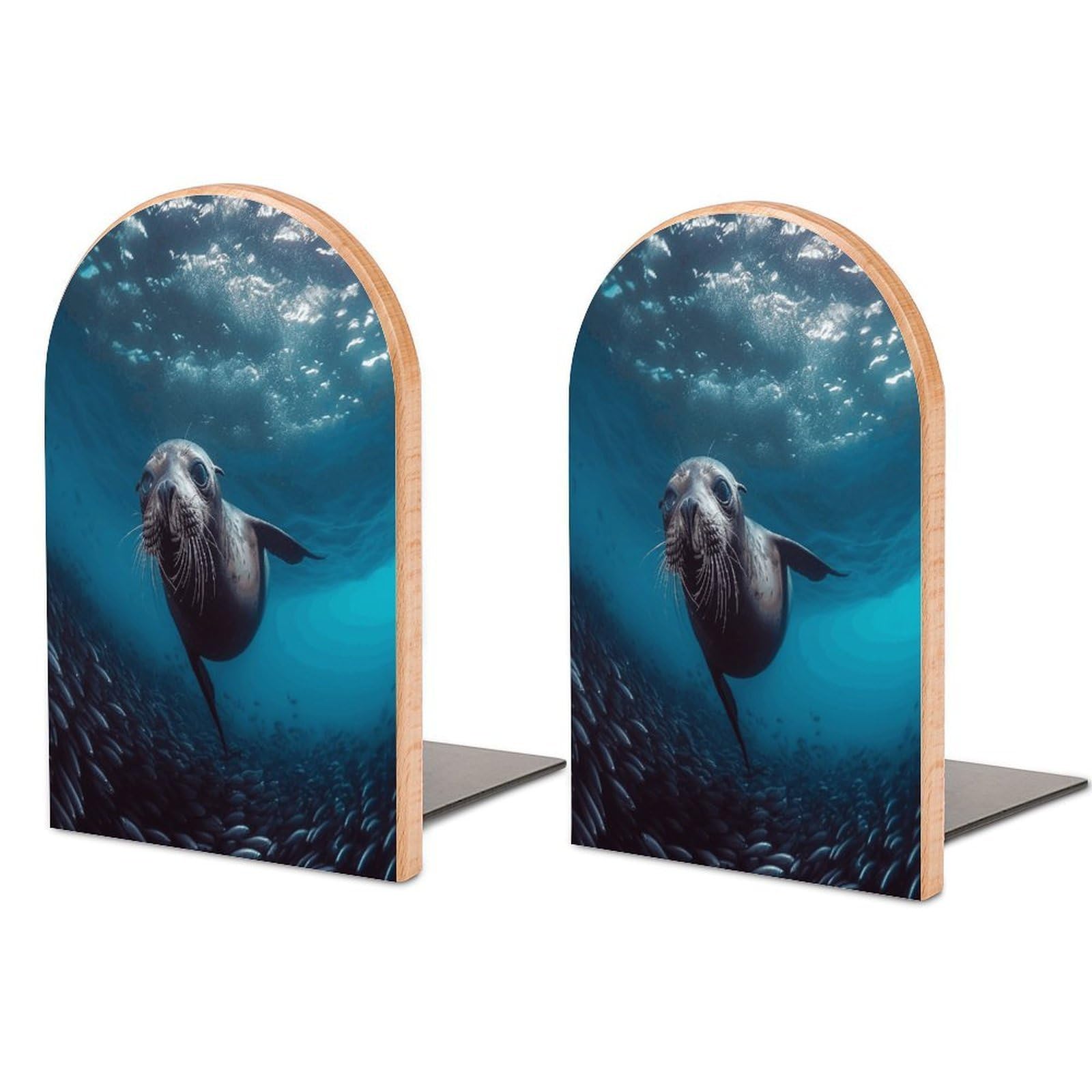 Underwater Sea Lion Bookend for Shelves Non-Skid Book Holder Modern Heavy Duty Bookend Stopper Metal Base Wood Book End Books Shelf Holder Home Decorative 1pair 5x3.9x3.1