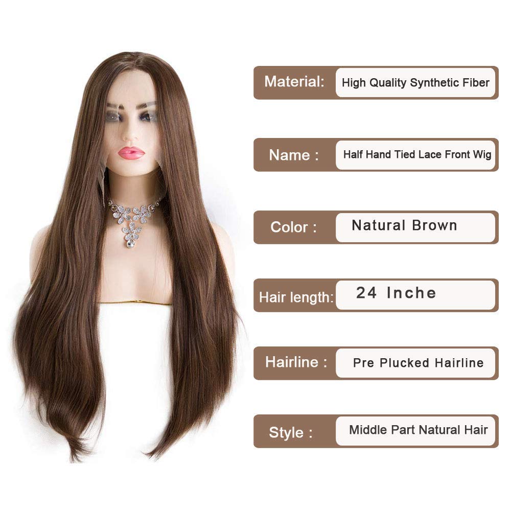 Brown Wig for Women Realistic Hairline Handmade Synthetic Wigs Chocolate Brown Long Straight Lace Front Wigs Glueless Synthetic Heat Resistant Fiber Hair Halloween Costume Cosplay Makeup Lace Wigs