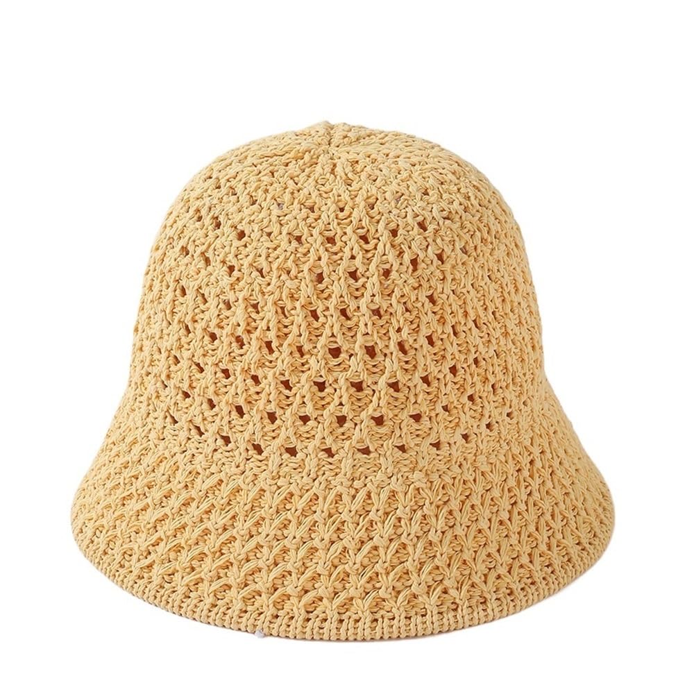 Chapeau bob tissé main pour femme - Chapeau de soleil jaune évidé style pêcheur d'été