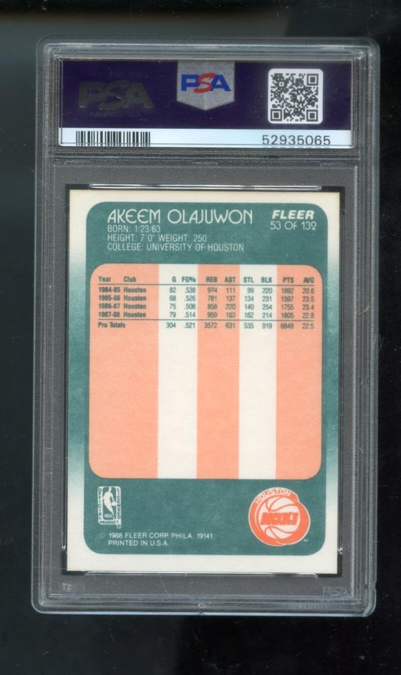1988-89 Fleer #53 Akeem Olajuwon PSA 9 Graded Basketball Card NBA Hakeem 1988 1989 Houston Rockets 88 89 MINT