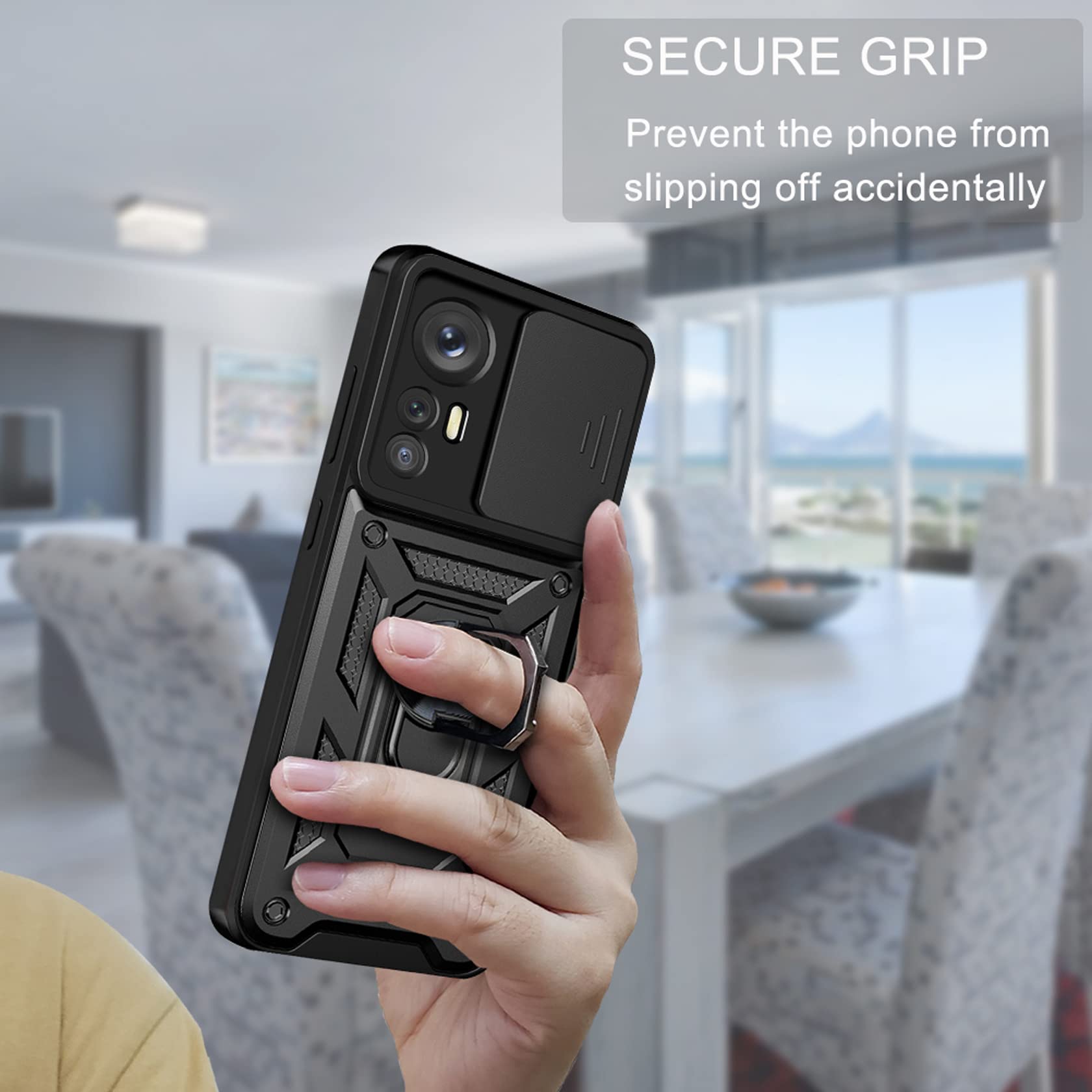 AENOCH Custodia Per Xiaomi Redmi 9A/9AT – Cover Con Fotocamera Scorrevole E Anello Stand – Antiurto Nero