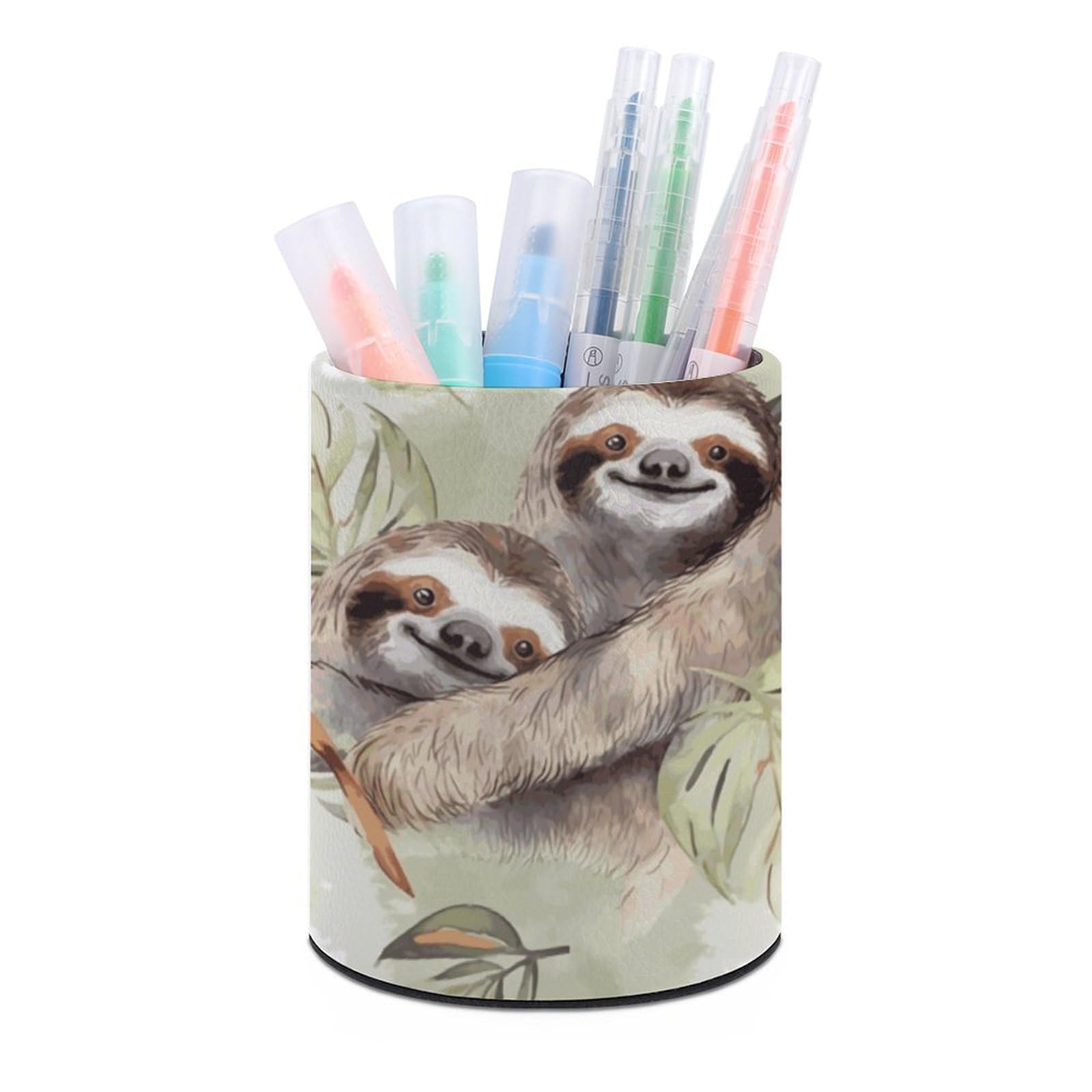 JTREHY Round Pen Holder,Watercolor Sloth Printed Makeup Brush Storage Box for Home Office Dressing Table