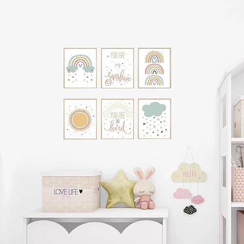 Miniatura 7 de LLOSEUP Juego de 6 impresiones artísticas de pared boho para cuarto de bebé, diseño de arco iris, corazón, lluvia, eres mi sol, inspirador,