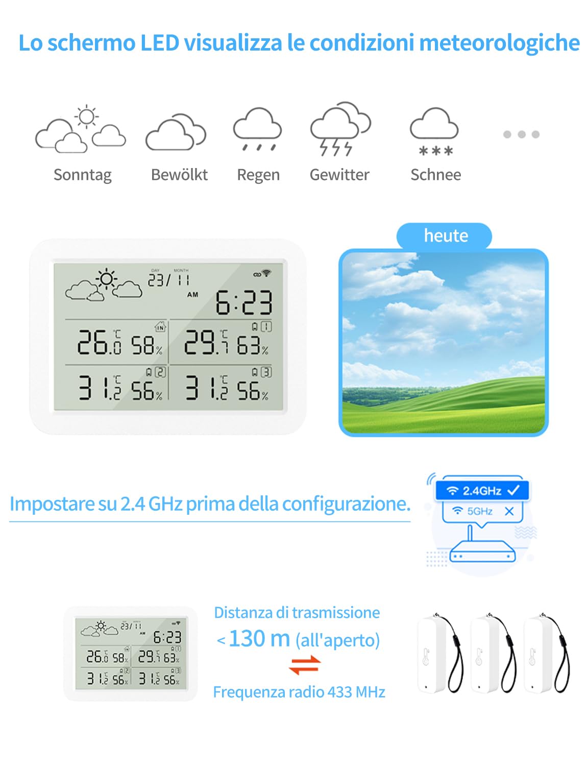 Termometro Igrometro WLAN per Interni ed Esterni con Display LCD, Sensore di Temperatura WiFi con App, Compatibile con Tuya/Smart Life per Cantina, Serra, 4 Sensori e 1 Stazione Base