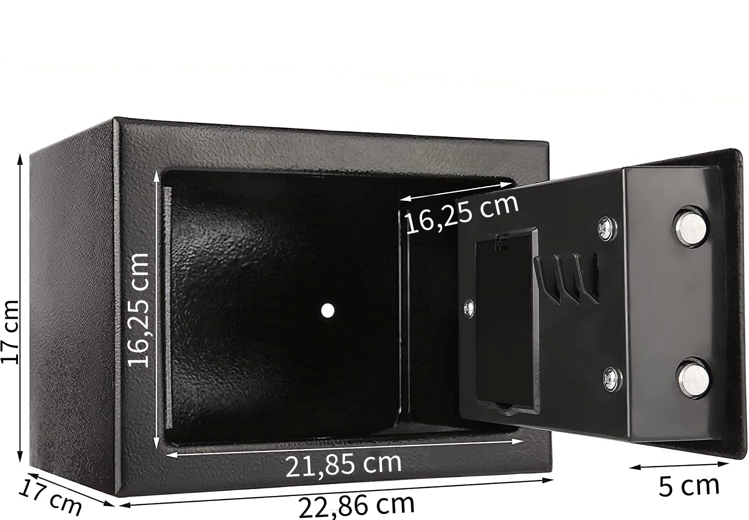 CASSAFORTE PER HOTEL 17X17X22 | CASSAFORTE DIGITALE CON CHIAVE | 4,6 LITRI COMPRESA DI PILE | CASSAFORTE PER ARMADIO, A MURO | TASTIERA LED E FORI DI FISSAGGIO INTERNI
