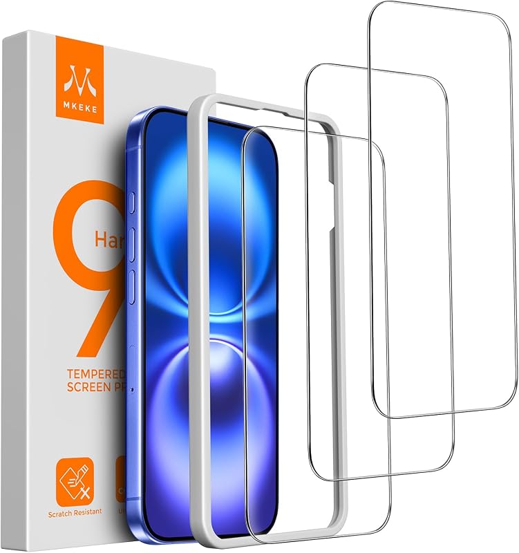 Mkeke Paquete de 3 protectores de pantalla para iPhone 16/iPhone 15 de 6,1 pulgadas, [vidrio templado 9H+] [marco de fácil instalación] [protección contra caídas de grado militar] HD transparente, antiarañazos, sin burbujas