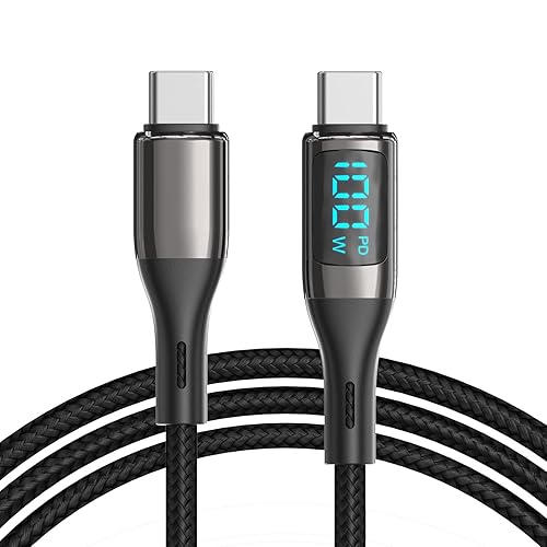 Cable USB C de 100 W 5 A PD de carga rápida con pantalla LED 4 pies nailon trenzado 480 Mbps transmisión de datos para MacBook Pro Quest PS5 y más