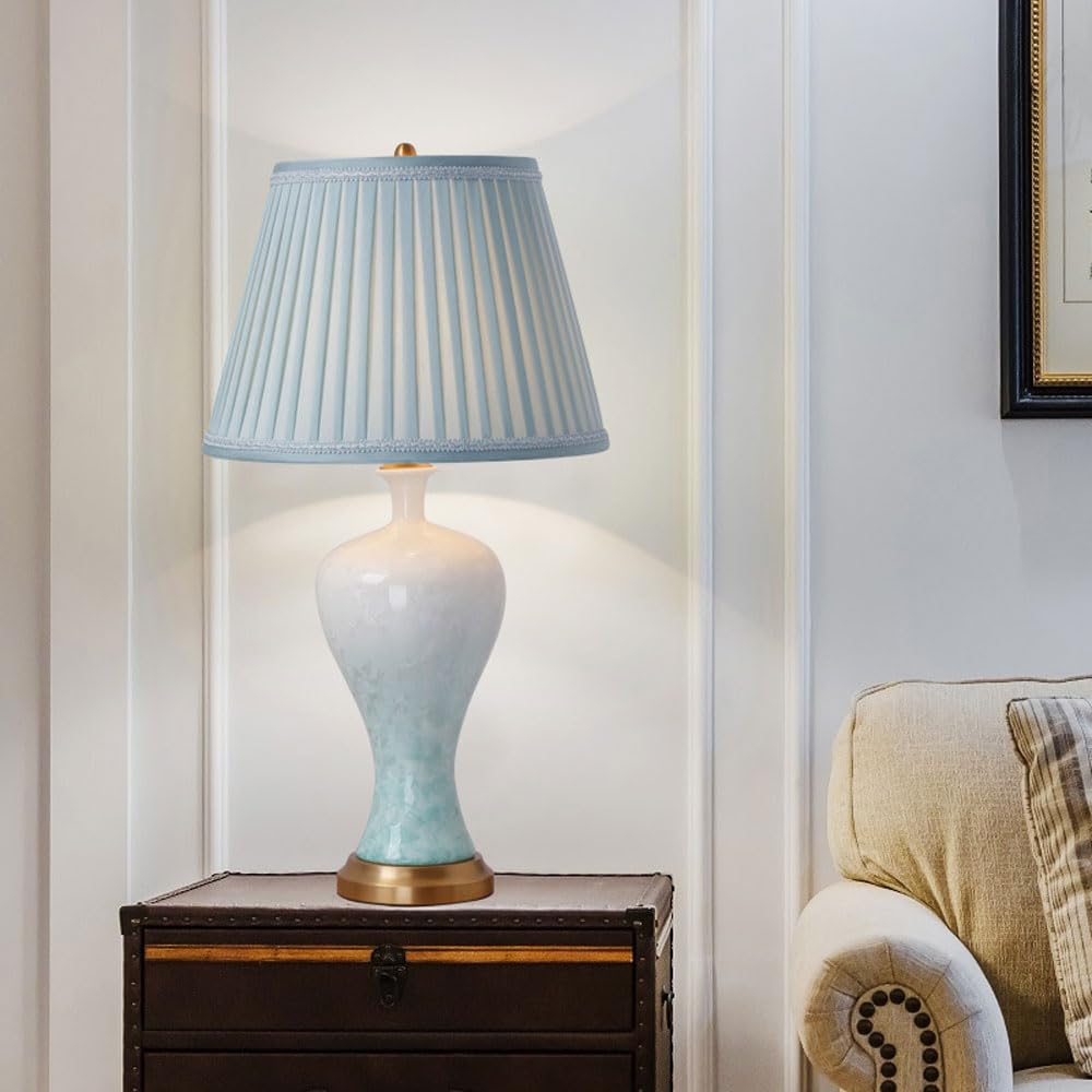 SGKOMN 26.8" Light Blue Crystallized Glaze Ceramic Table Lamp For Bedroom, Living Room, Dining Room, Office, With Simulated Silk Shade Chinoiserie Bedside Table Lamp-B