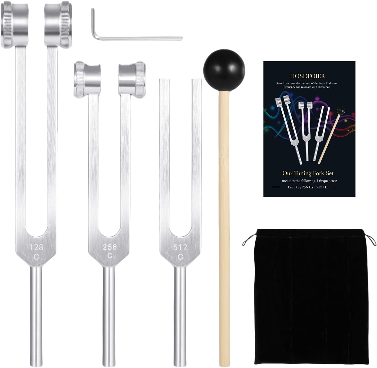 – Tuning Forks for Healing Set (128Hz, 256Hz, 512Hz), Weighted Tuning Fork for Sound Therapy/Meditation/Yoga and Chakra with Mallet, Storage Pouch & Instruction Manual (Silvery)