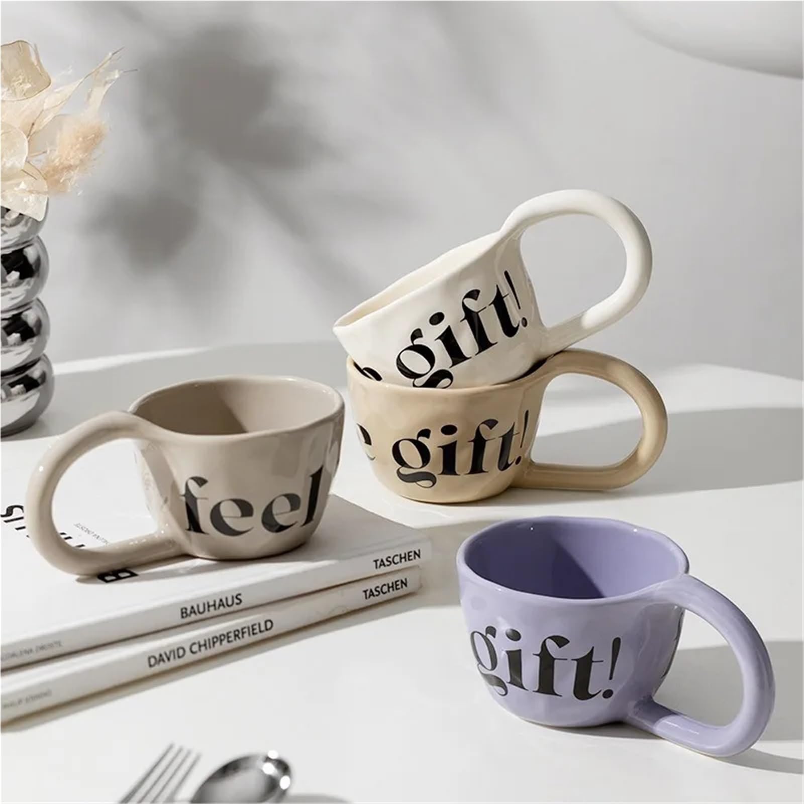 Taza de cerámica de gran capacidad de 350ml, taza de agua for el hogar con orejas grandes pellizcadas a mano, taza de café y leche, par de tazas, 2 uds. Para Boda(Khaki Beige)