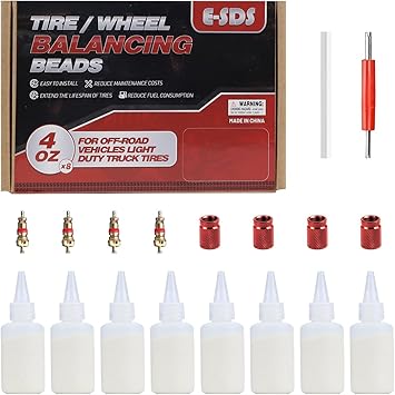 E-SDS Ceramic Tire Balance Beads 4 oz x 8, Tire Beads for Balance, Tire/Wheel Balancing Beads for Car/RV/Truck/Motorcycle with Installation Tools