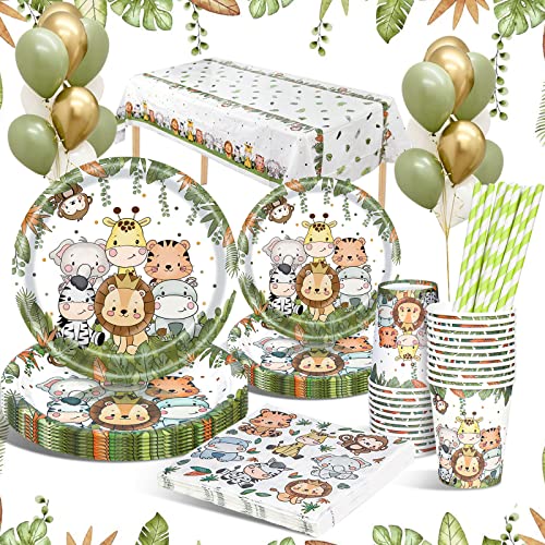 DANXIAN Dschungel Safari Partygeschirr Set, Pappteller Kindergeburtstag, Jungle Safari Party Tableware mit Luftballons für Baby Shower Geburtstag Mädchen Junge Mottoparty (16 Gäste) Cover