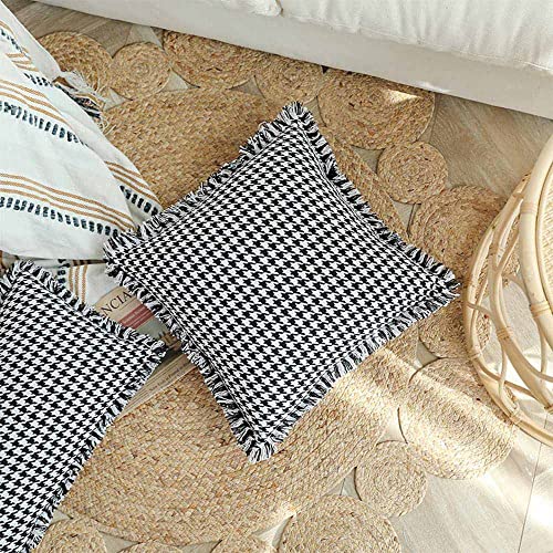 Pupjoe Pillow Covers 18X18 Set Of 2 Throw Pillow Covers Decorative Farmhouse Couch Sofa Boho Neutral Square Woven Textured Houndstooth Pillow Cover Elegant Tassel Black And White(Insert Not Included #TOP7
