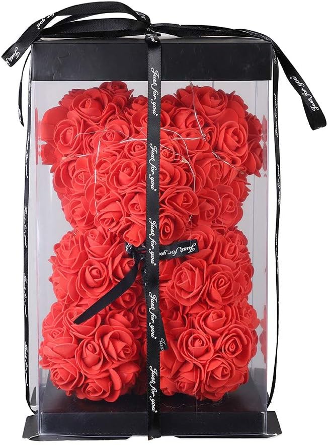 Prettyui Rose Bear Toy Valentine's Day Creative Gift Forever Artificial Rose Flowers Anniversary Wedding Birthday Valentines Presents for Your Lover, Including Gift Box