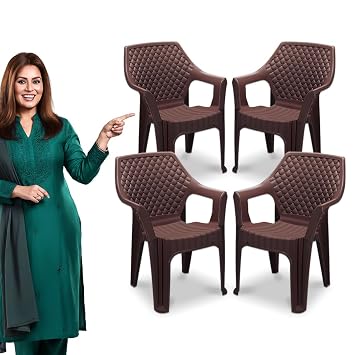 MAHARAJA Plastic Chair Set, Chair for Living Room, Home, Plastic Chair for Home with Arm Rest/Modern Stylish Design with Glossy & Matte Finish Bearing Capacity 200Kg. (Brown, Pack of 4)
