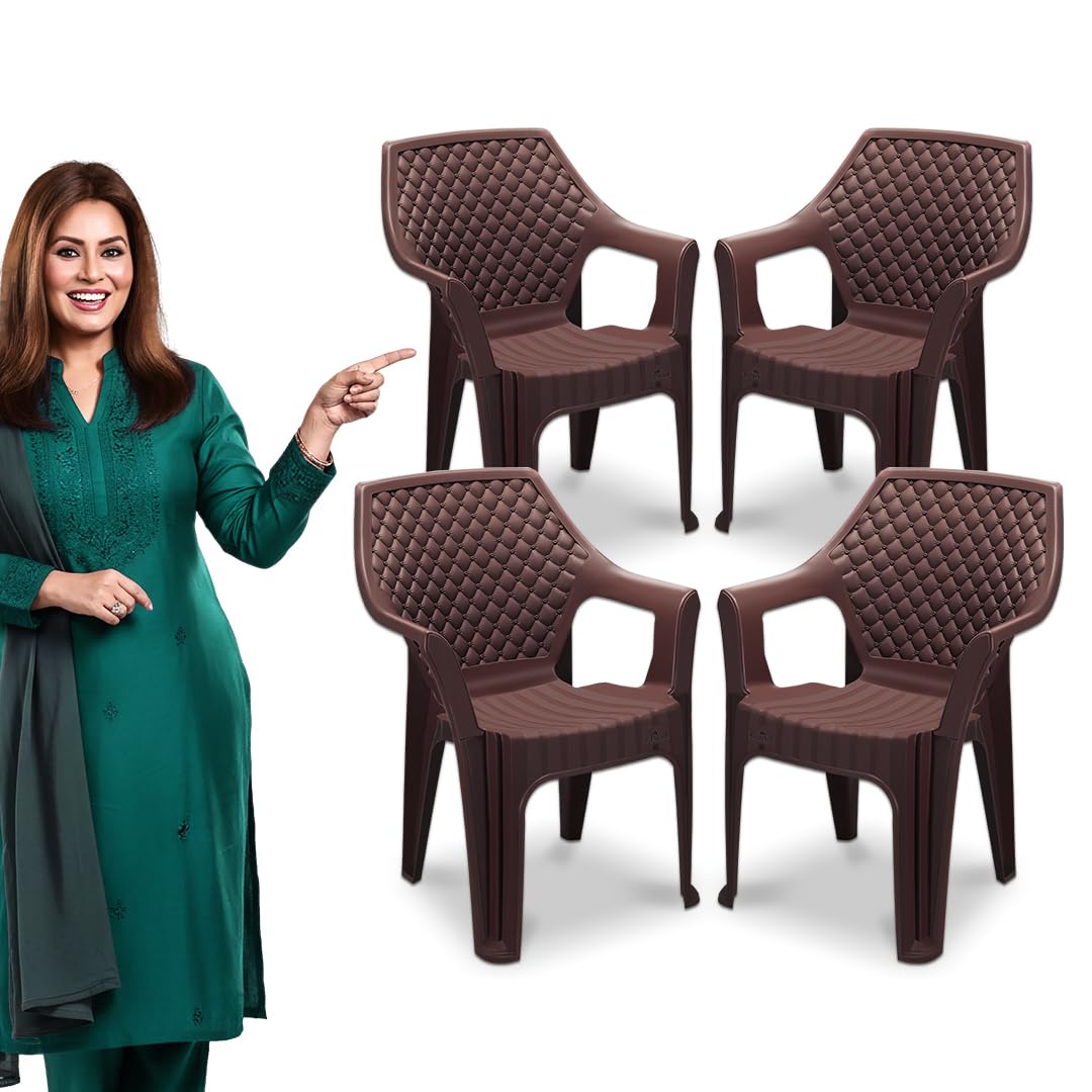 Plastic Chair Set, Chair for Living Room, Home, Plastic Chair for Home with Arm Rest/Modern Stylish Design with Glossy & Matte Finish Bearing Capacity 200Kg. (Brown, Pack of 4)