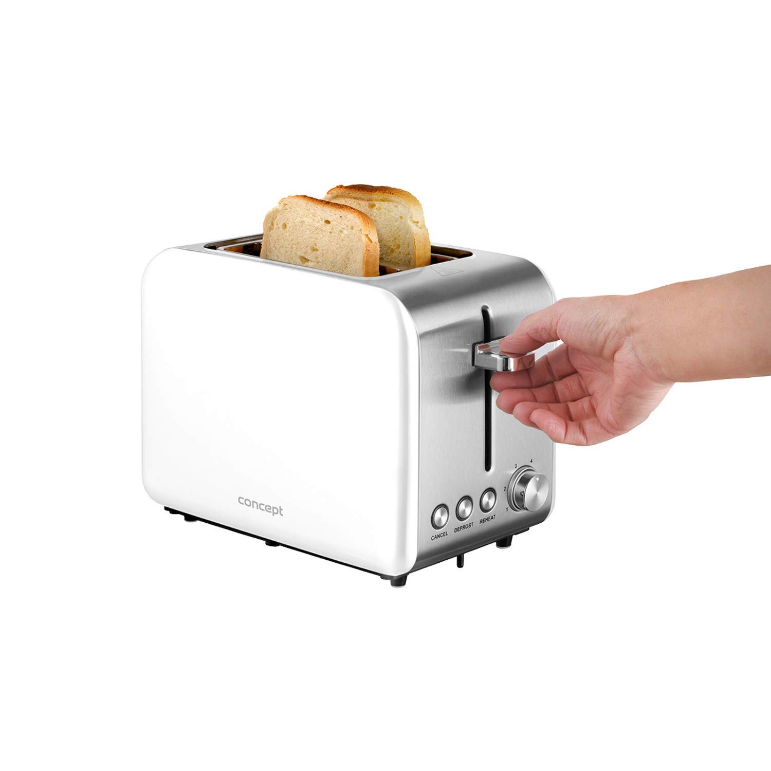 CONCEPT Hausgeräte TE2051 Tostadora de acero inoxidable con ranura ancha de 36 mm, 2 cámaras de tostado, temporizador electrónico, 950 W, mate (blanco)