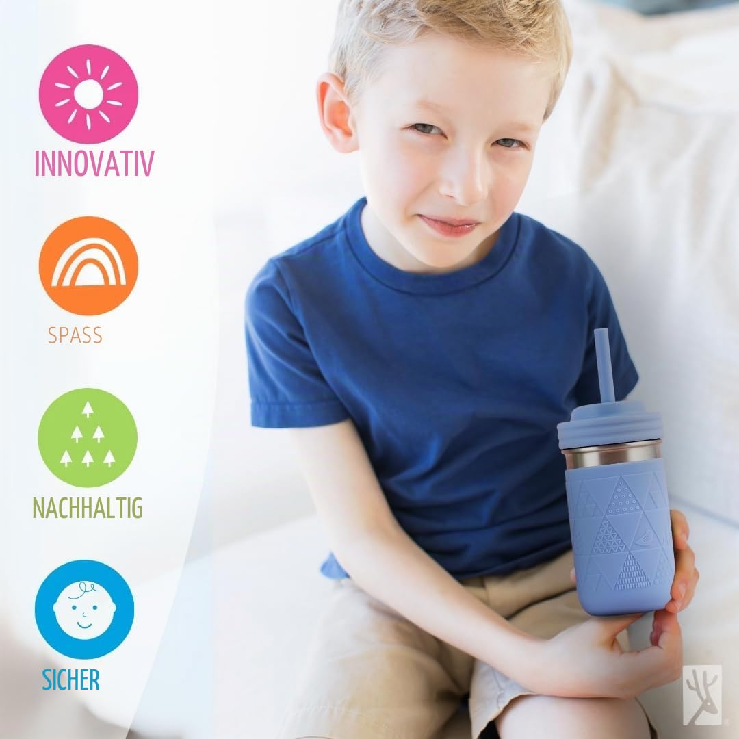 Elk and Friends 400 ml SS-Gläser Edelstahl Kinder Trinkbecher | Mason Jar mit Silikonhülle & Deckel | Silikon Strohhalm | Smoothie Becher | Auslaufsicher | Spülmaschinengeeignet | 2er Set