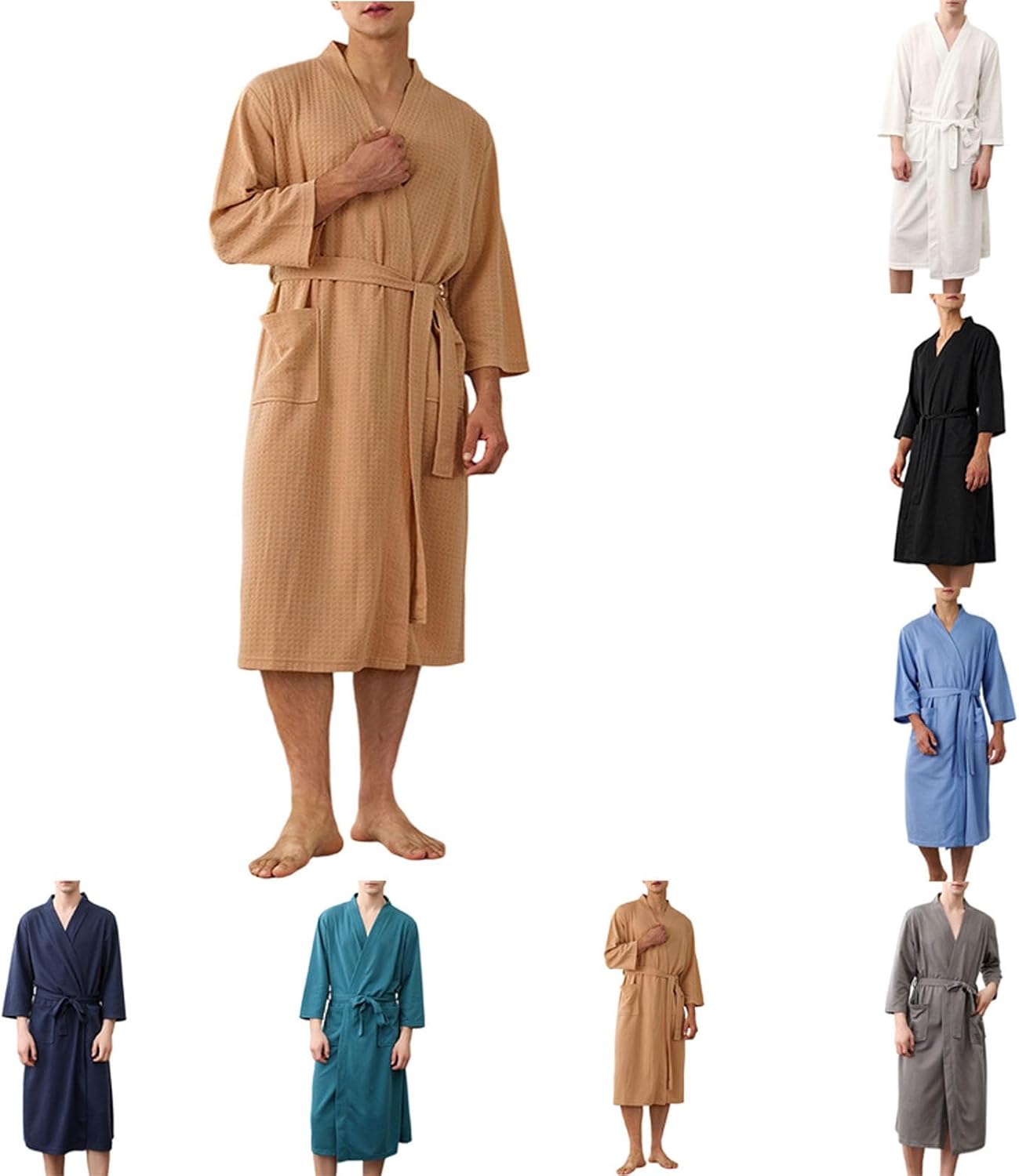 Cozy Waffle Robe for Men, 3/4 Sleeve Spa Bathrobe with Belt, Pocket, Casual Soft Knee Length Lounge Sleepwear
