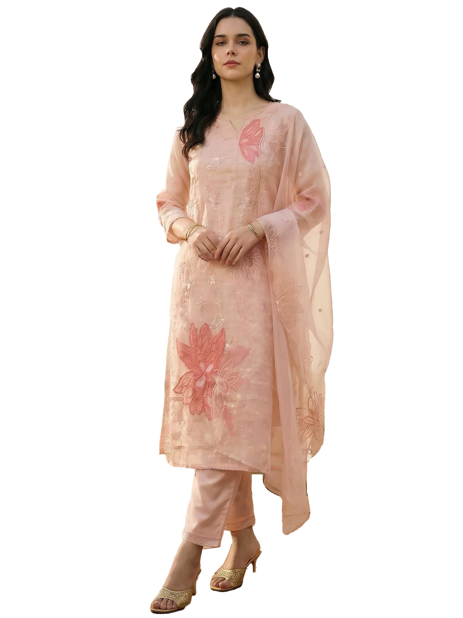 Women's Organza Floral Embroidered Straight Calf Length Kurta with Pant & Dupatta Set (IEAI11446)-image-15