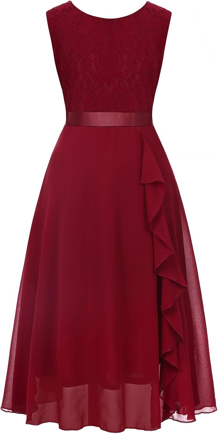 Girls Floral Lace Dress Easter Bridesmaid Vintage Formal Cocktail Party Swallowtail Swing Dresses 7-14 Years