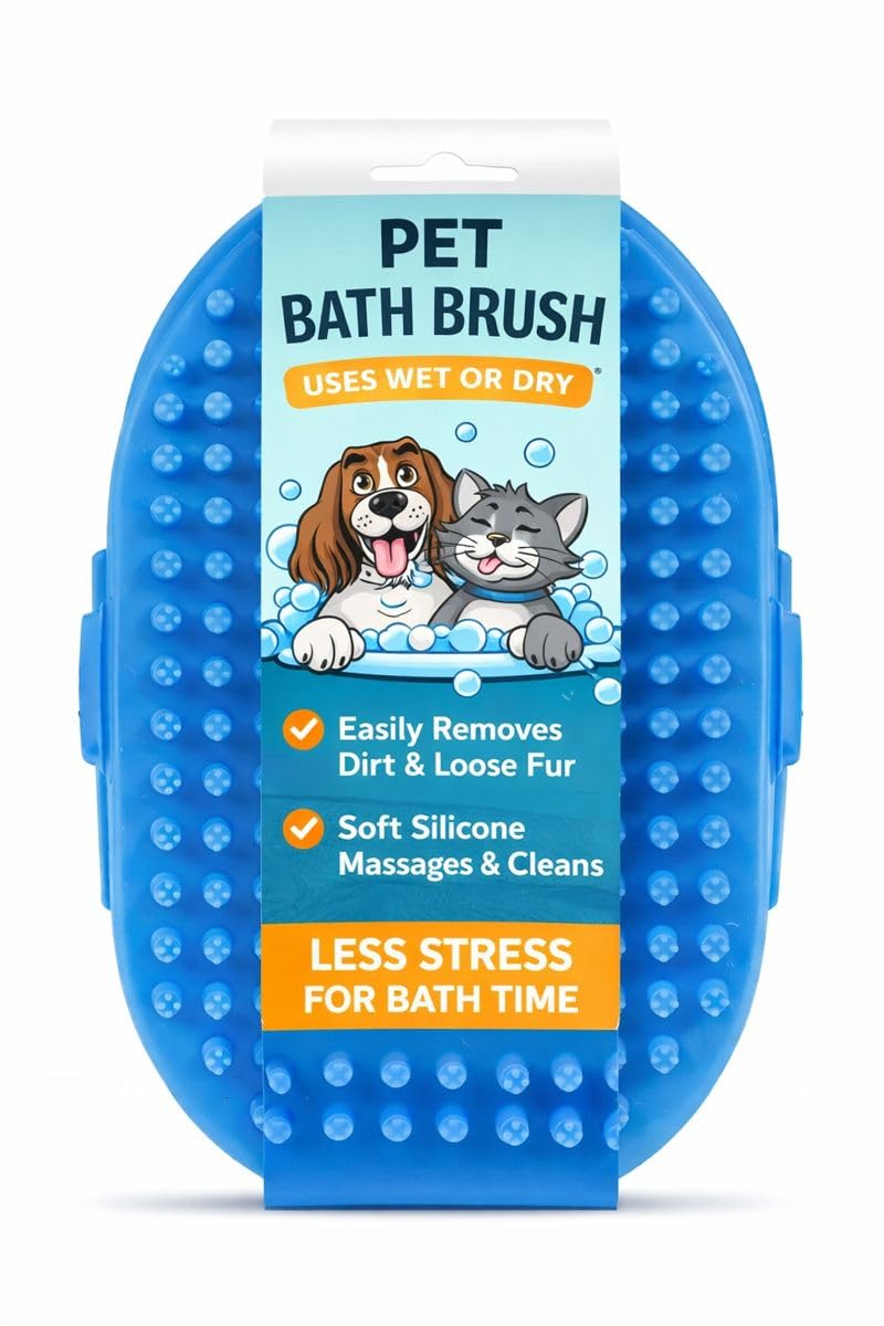 Dog & Cat Bath Brush – 2 Pack Handheld Silicone Soft Rubber Grooming Bristles for Wet & Dry Use – for Shampoo – Pet Brush for Small & Large Pets (Pack of 2 Blue)