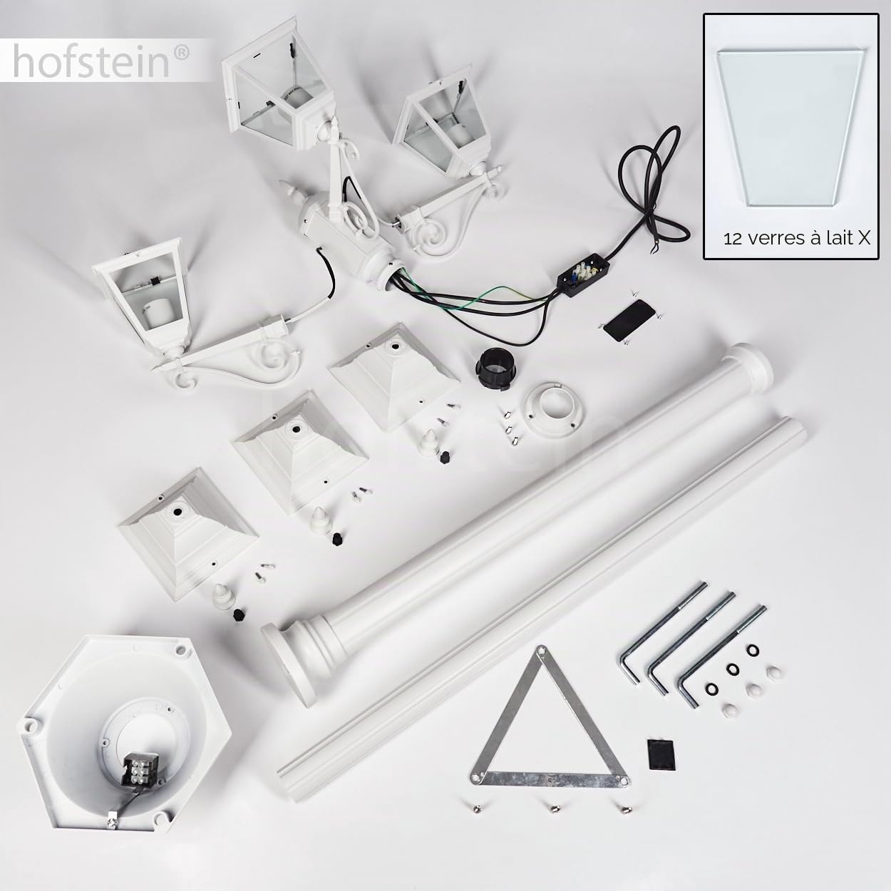 HOFSTEIN Kandelaber Naofe Lampe d'extérieur en métal/verre dépoli en blanc, vitres interchangeables transparentes, lampe de chemin au design rustique/antique/vintage pour jardin, terrasse, cour, max