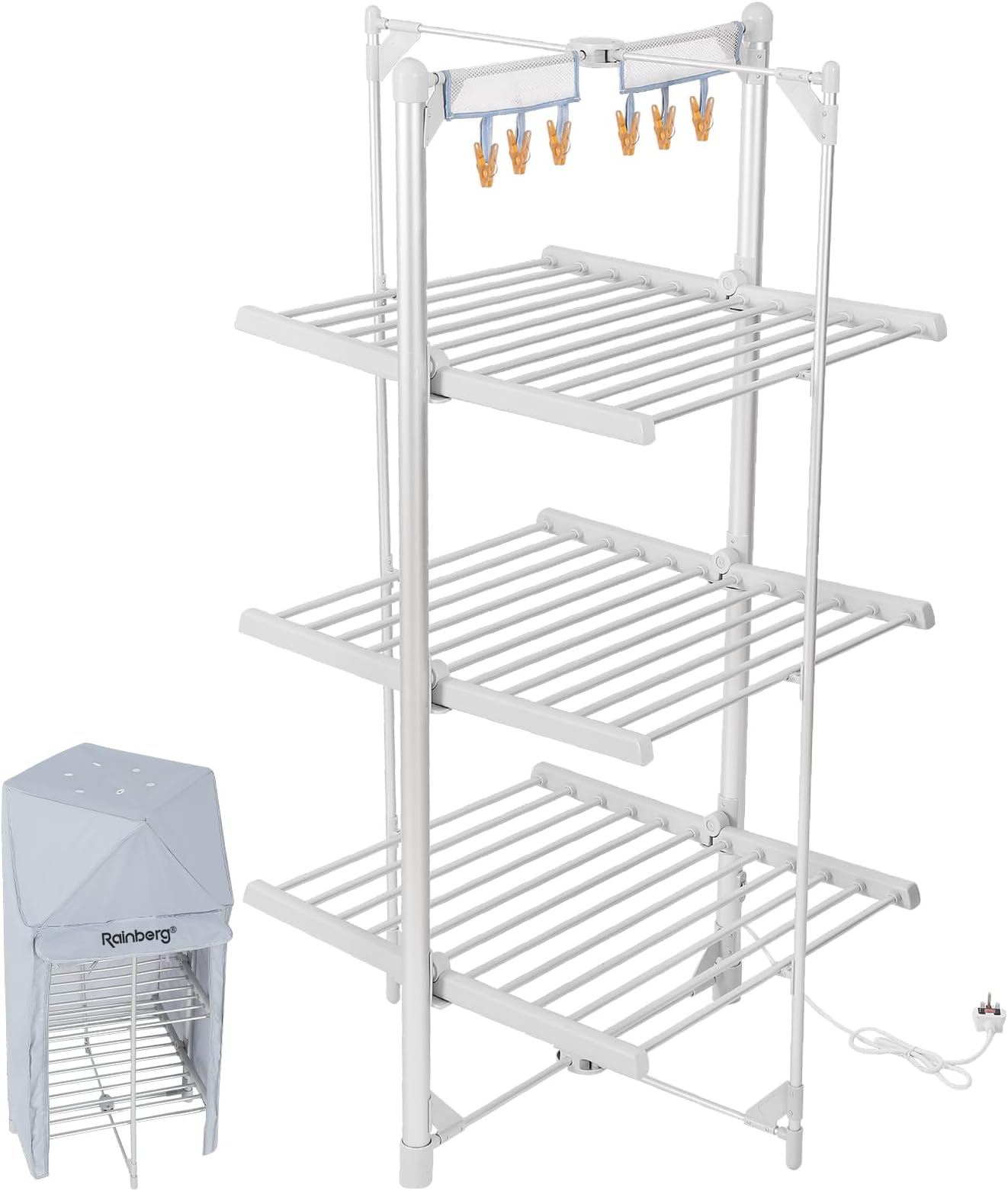 Rainberg Heated Clothes Airer, 3Tier clothes airer with 6 Pegs & Cover