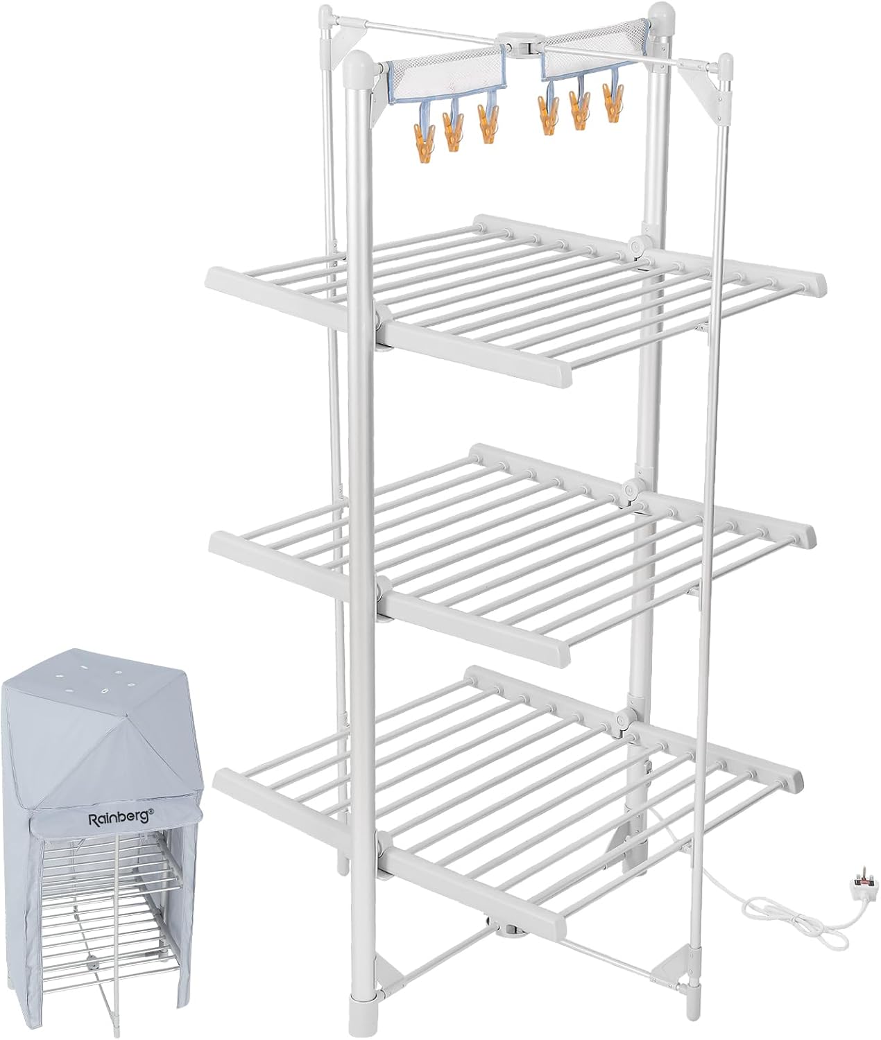 Rainberg Heated Clothes Airer, 3Tier clothes airer with 6 Pegs & Cover