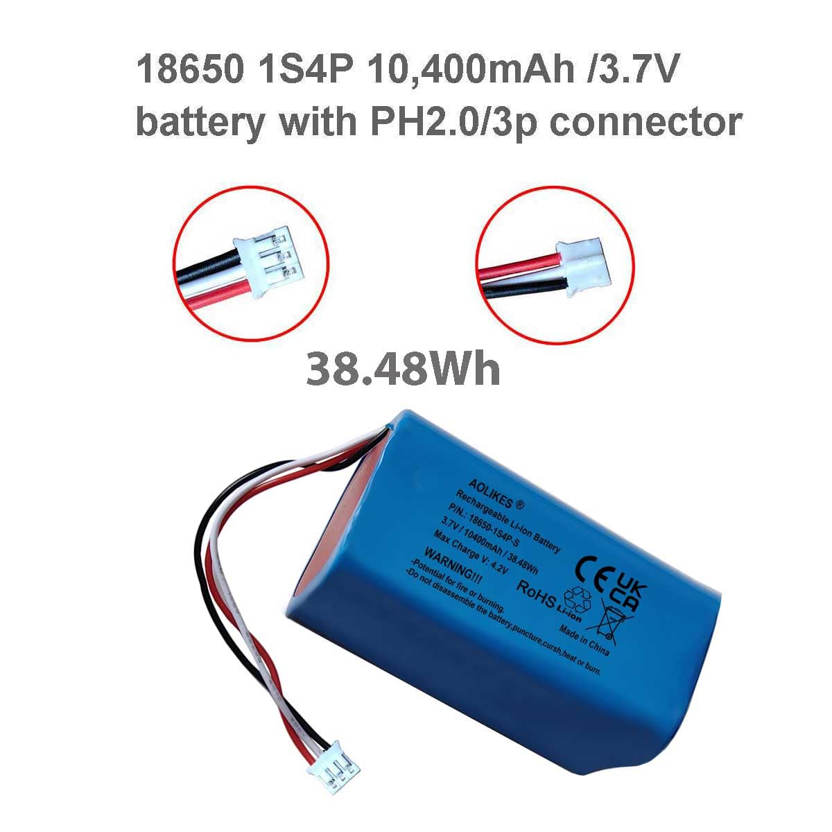 AOLIKES Batterie lithium-ion rechargeable 18650 1s4p 10400 mAh 3,7 V avec fiche PH2,0/3P / cellules 5C / carrée / prend en charge la charge rapide