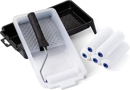 Bates - Juego de rodillos de pintura de espuma de 4 pulgadas, 8 piezas, kit de rodillos de pintura pequeños, 1 bandeja de pintura de plástico negro,