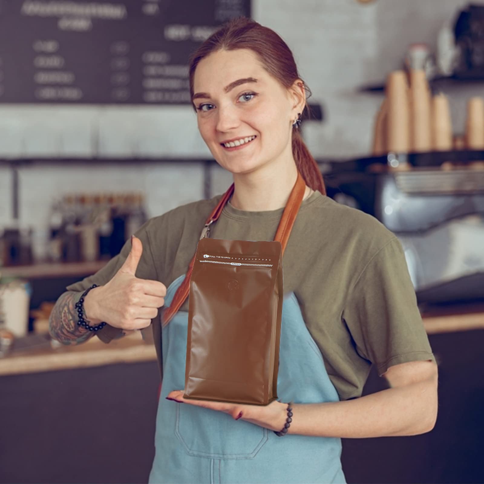 REMTAP Torby na kawę z zaworem (50 szt., 473 g) brązowa wysoka bariera folia aluminiowa płaskie dno stojące torby do przechowywania ziaren kawy, wielokrotnego użytku zamykane termicznie boczne woreczki na zamek błyskawiczny do domu lub sklepu
