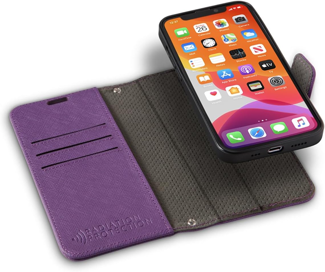SafeSleeve EMF Blocker for Cell Phone, Detachable iPhone 15 Pro Max Case Leather - Purple