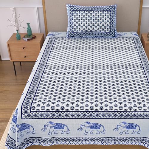 Image of 100% Cotton Single Bedsheet with 1 Pillow Cover | 240 TC Pure Cotton Flat Bed Sheet | Traditional Jaipuri Printed Bedding Set | Soft & Breathable | 60 x 90 Inch (Rangmahal Single 77)