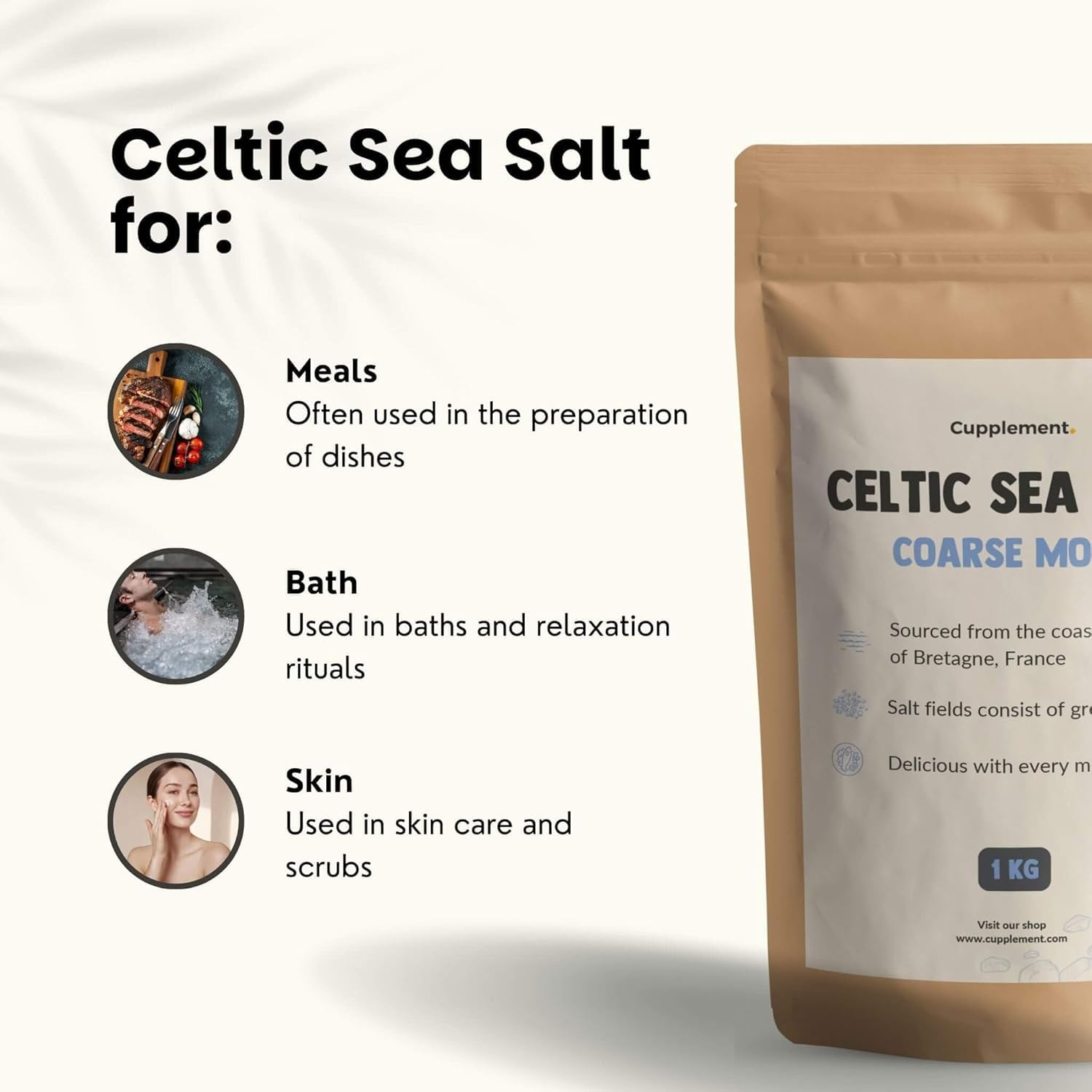 Cupplement - Celtycka Sól Morska 1KG - Gruboziarnista Celtycka Celtic Sea Salt - Gruboziarnista - Do Młynka do Soli - Nieorganiczna, Fleur de Sel, Himalajska, Organiczna lub Drobne Minerały