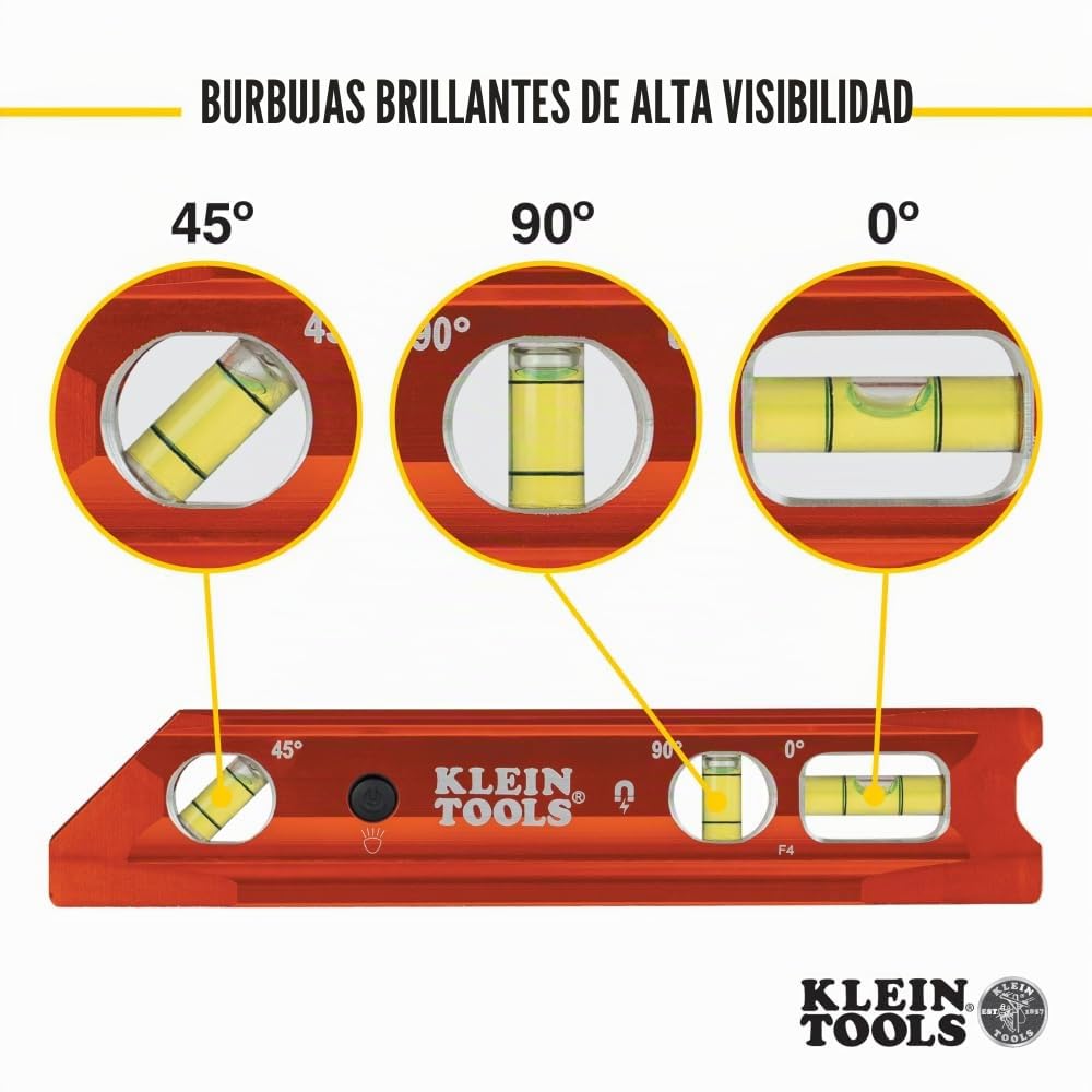 Klein Tools Nivel 935RBLT, nivel de torpedo iluminado con imán, 3 viales y ranura en V, resistente al agua y a los impactos, ideal para doblar conductos de alta visibilidad, naranja, rojo