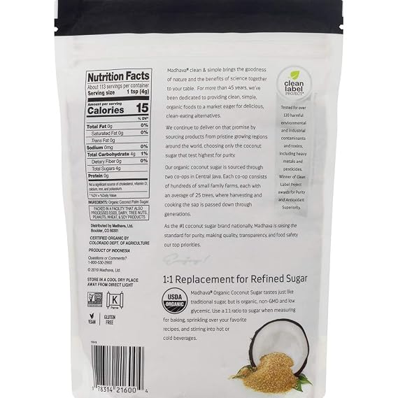 MADHAVA Organic Coconut Sugar (1LB, Pack of 6), Natural Sweetener, White Sugar Alternative for Baking and Cooking, Clean Coffee & Tea Sweetener, Vegan, Organic and Non-GMO