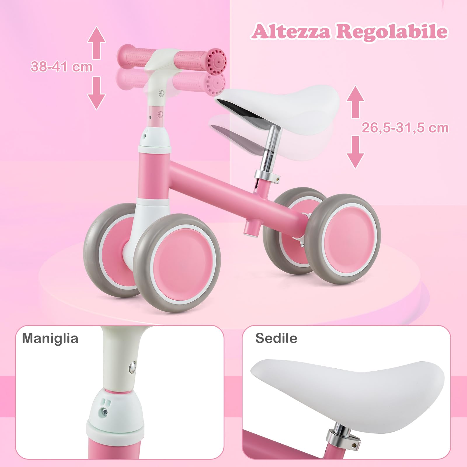 COSTWAY Bicicletta Senza Pedali per Bambini 1-3 Anni, Bicicletta Equilibrio con 4 Ruote, Manubrio e Sella Regolabili in Altezza, Bici per Bambini, Portata 25 kg
