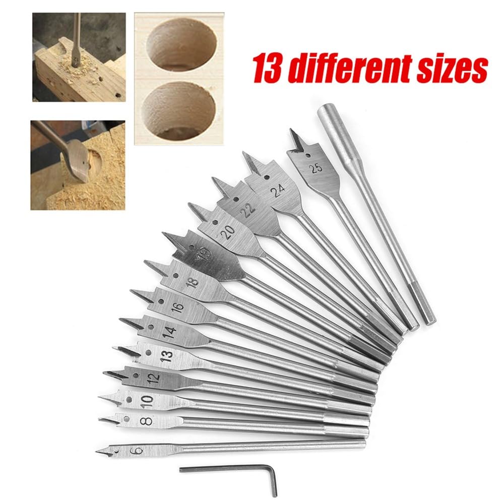 Spade Drill Bit Set, 15-Piece Carbon Steel, 6-mm to 25-mm, with Extension, for Woodworking