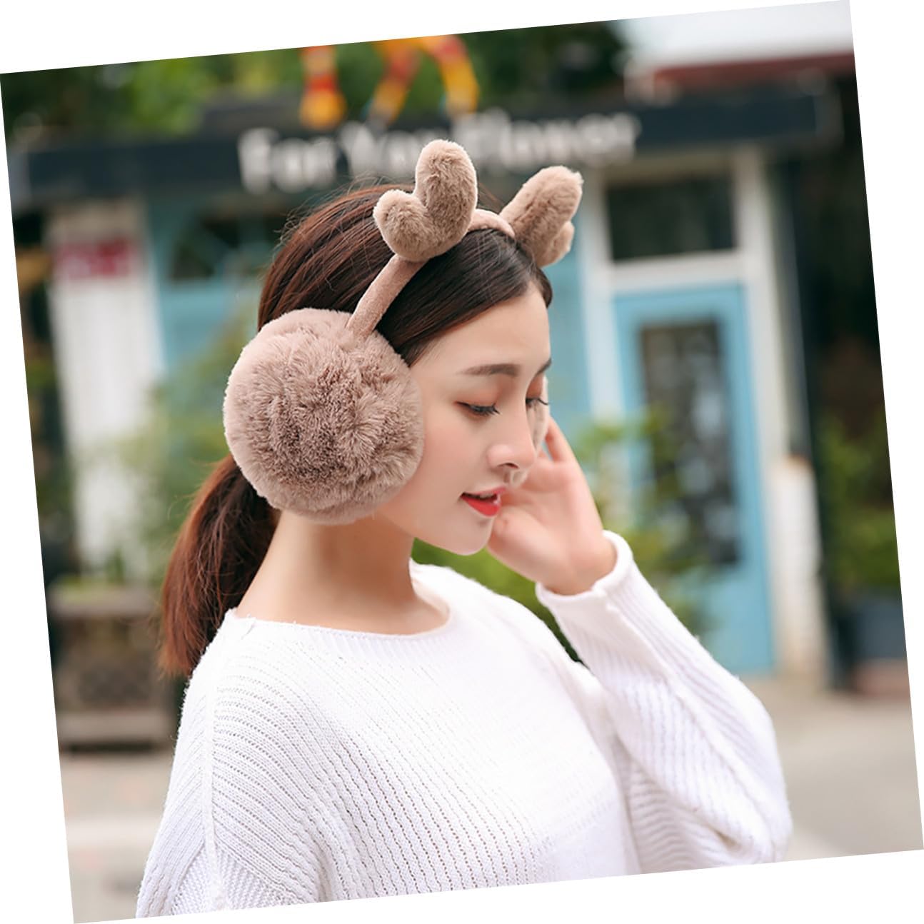 Reindeer Antlers Plush Winter Ear Muffs Foldable Warm Earmuffs for Women and Men Soft Insulative Ear Covers for Outdoor Cold Weather