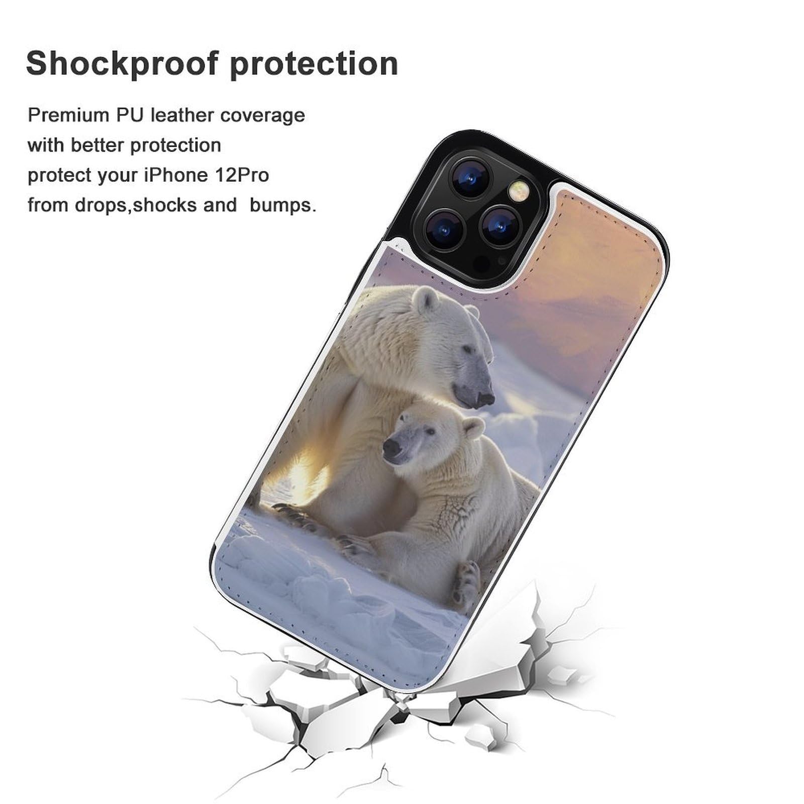 Fundas tipo cartera para iPhone 12 Pro, estampado de oso polar, funda de piel con ranuras para tarjetas