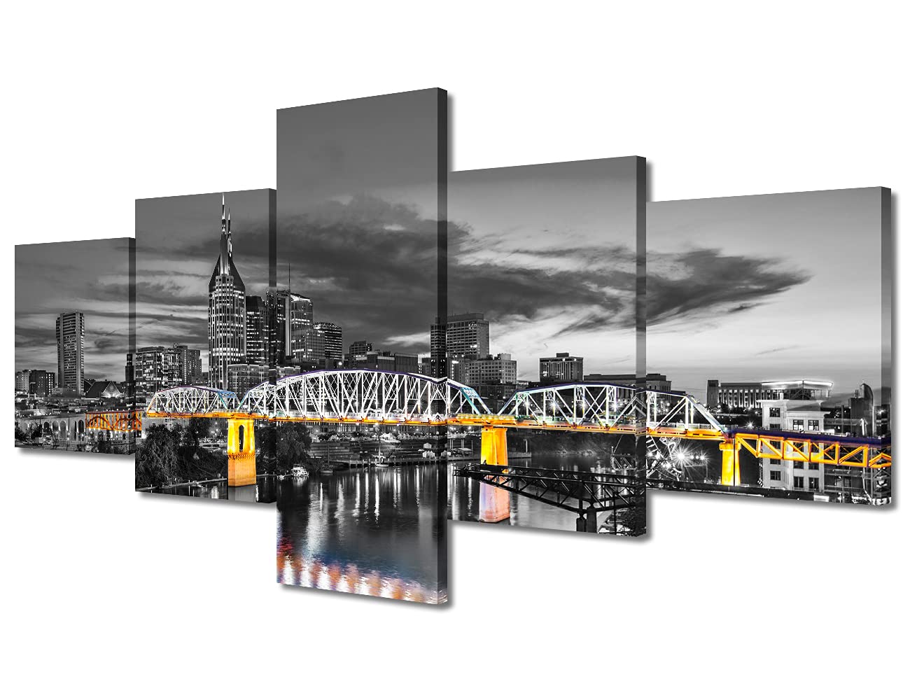 Nashville Tennessee Skyline Wall Decor Cumberland River Black and White Wall Art City View Picture Print on Canvas 5 Piece Wall Decorations for Living Room Artwork Framed Ready to Hang (50''Wx 24''H)