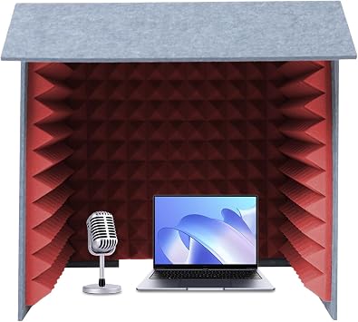 Foldable Sound Isolation Shield, Portable Desktop Vocal Booth with Acoustic Panels, Easy Setup, Noise Reduction & Sound Enhancement Recording Studio,Red,23.6in