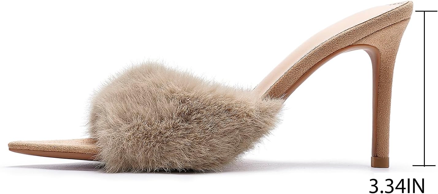 Women'S Pointed Open-Toe Stiletto Cute Fuzzy Slide Sandals Sexy Slip On High Heel Feather Mules Wedding Birthday Bridal Party Dress Backless Slipper Pumps - Image 6