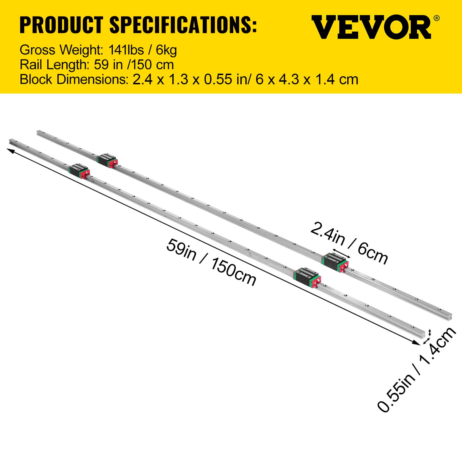VEVOR Binario di Guida Lineare in Miniatura, HSR15X1500, Binario Lineare +2 Blocchi di Guida 15-1550 mm, Binari Lineari CNC, per Router CNC/Smerigliatrice CNC/Stampa di Macchine Industriali