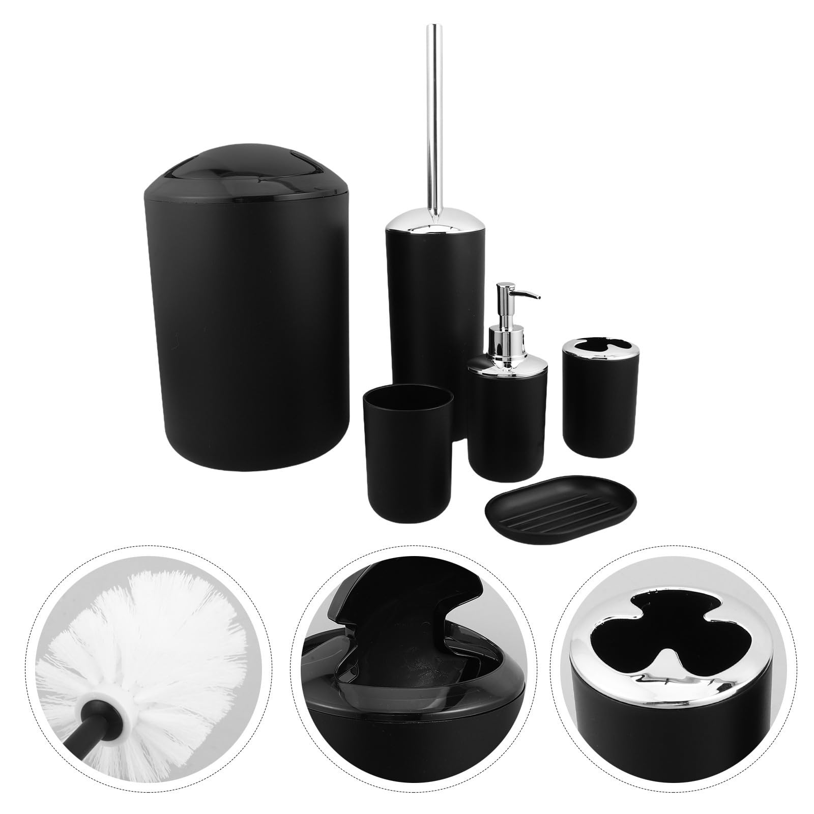 SEWACC Kit Accesorios para Baño Negro de 6 Piezas con Dispensador de Jabón, Porta Cepillos, Escobilla de Inodoro y Papelera, Fácil de Limpiar y Resistente Humedad para Baño Elegante