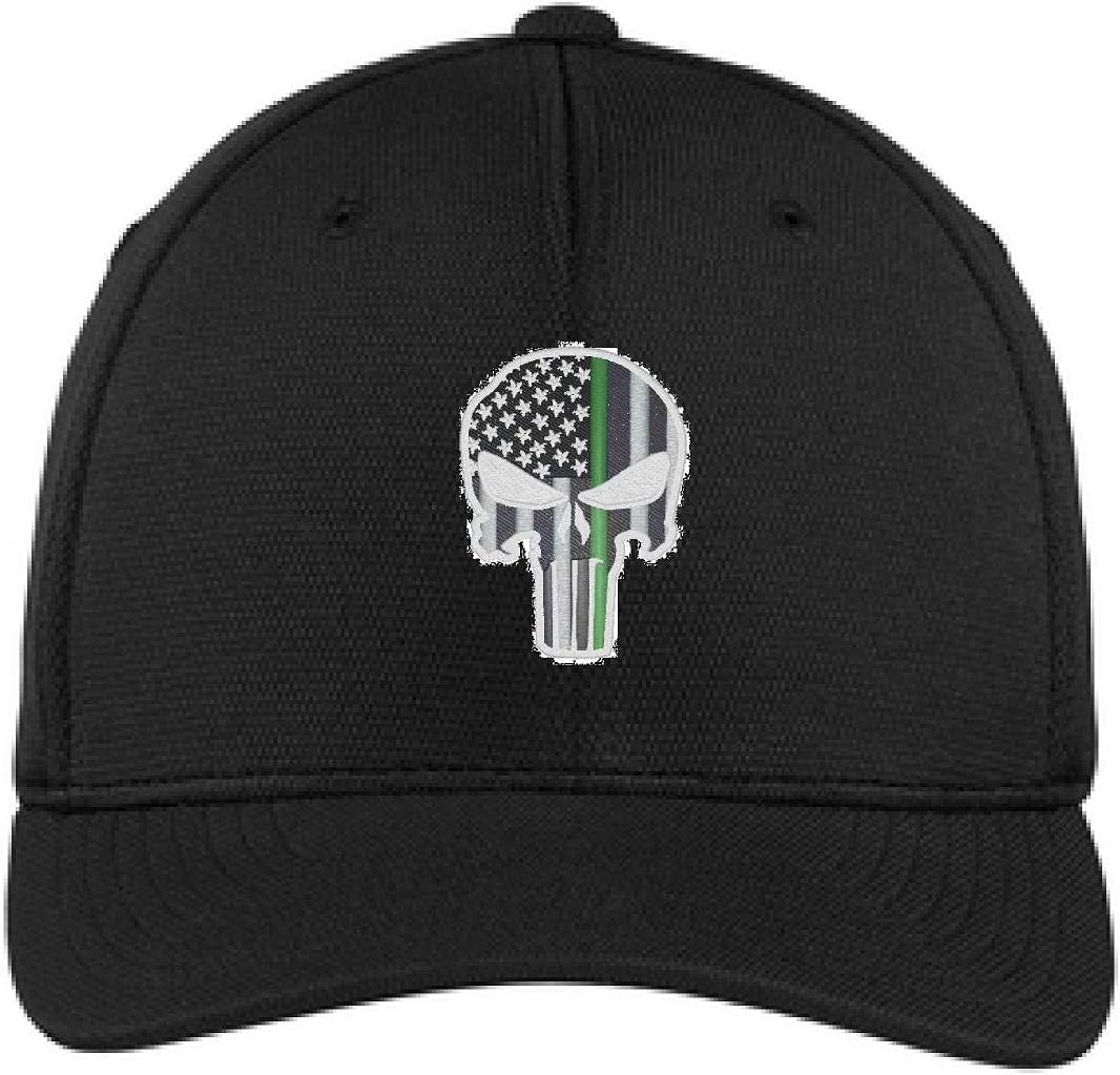 Project Thin Line Thin Green Line Skull Subdued American Flag Military Federal Agent Black Flexfit Baseball Hat (S/M, Black)